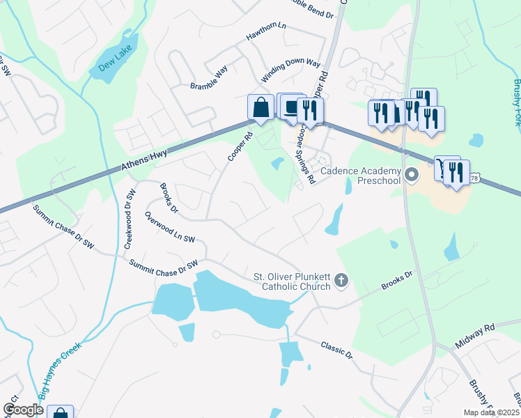 map of restaurants, bars, coffee shops, grocery stores, and more near 1255 Summit Point Lane in Snellville