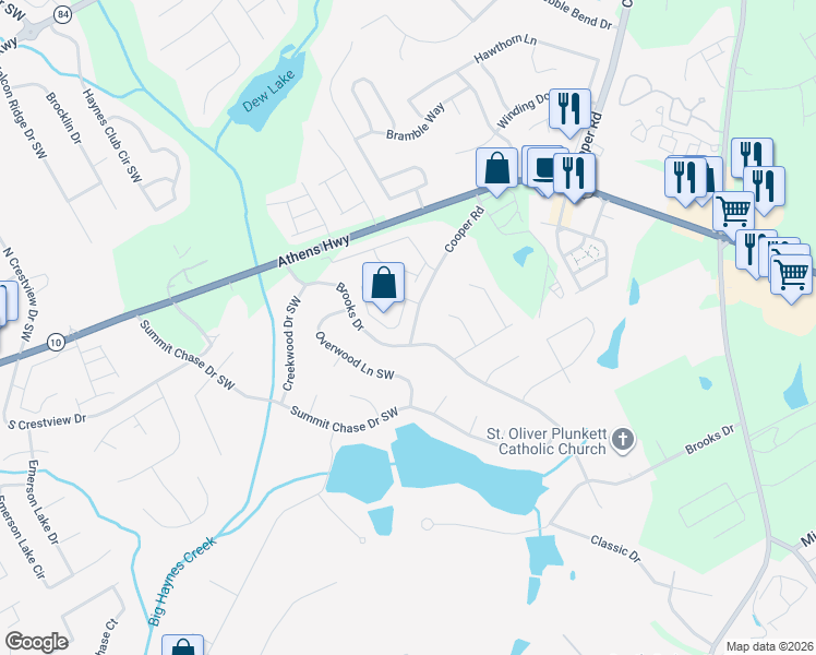 map of restaurants, bars, coffee shops, grocery stores, and more near 2944 Gayle Manor Lane Southwest in Snellville