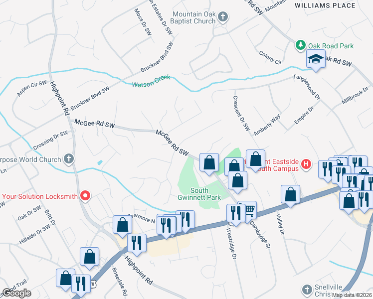 map of restaurants, bars, coffee shops, grocery stores, and more near 1994 McGee Road Southwest in Snellville
