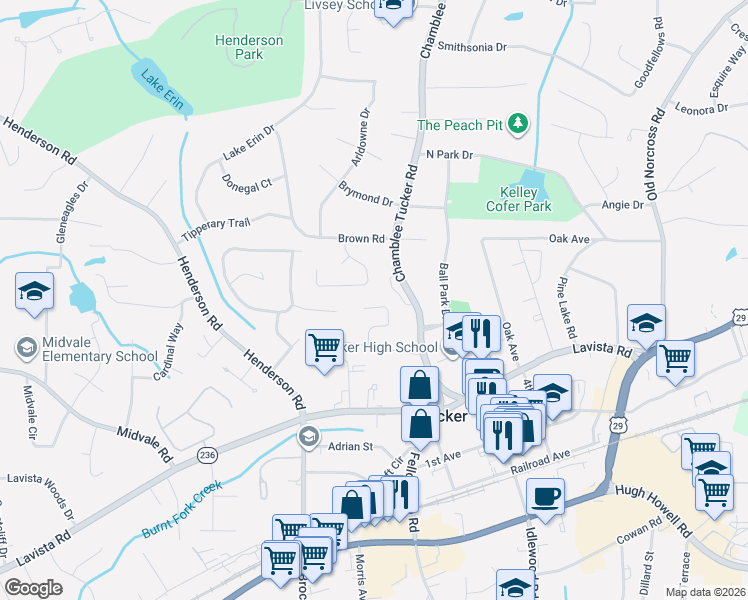 map of restaurants, bars, coffee shops, grocery stores, and more near 2465 Summeroak Drive in Tucker