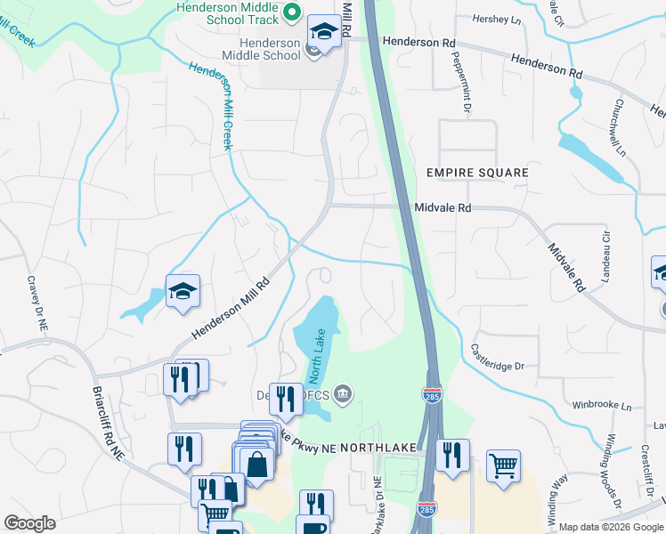 map of restaurants, bars, coffee shops, grocery stores, and more near 2485 Northlake Court Northeast in Atlanta