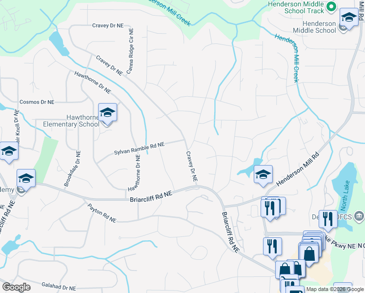 map of restaurants, bars, coffee shops, grocery stores, and more near 2995 Sylvan Ramble Road Northeast in Atlanta
