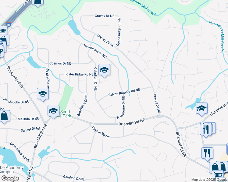 map of restaurants, bars, coffee shops, grocery stores, and more near 2867 Sylvan Ramble Road Northeast in Atlanta