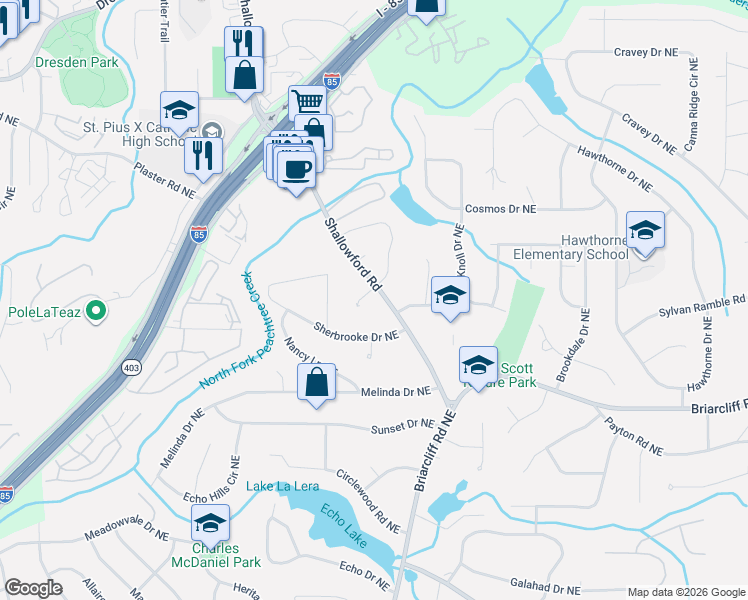 map of restaurants, bars, coffee shops, grocery stores, and more near 2521 Lake Flair Court in Atlanta