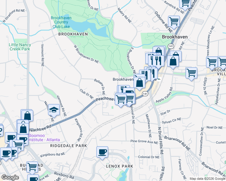 map of restaurants, bars, coffee shops, grocery stores, and more near 4 Brookhaven Drive Northeast in Atlanta