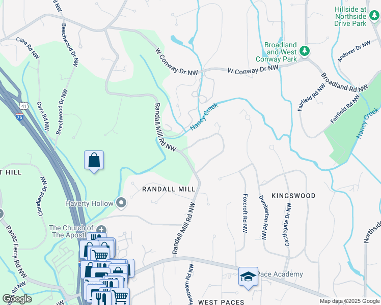map of restaurants, bars, coffee shops, grocery stores, and more near 3707 Randall Mill Road Northwest in Atlanta