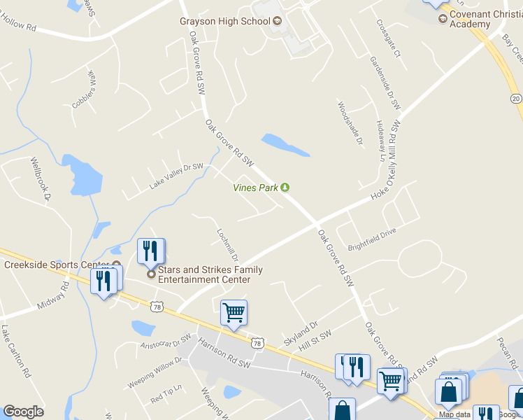map of restaurants, bars, coffee shops, grocery stores, and more near 132 Garden Manor Court in Loganville