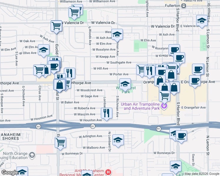 map of restaurants, bars, coffee shops, grocery stores, and more near 525 West Woodcrest Avenue in Fullerton