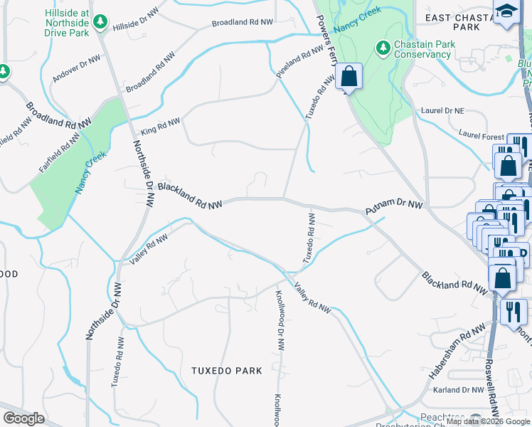 map of restaurants, bars, coffee shops, grocery stores, and more near 262 Blackland Road Northwest in Atlanta