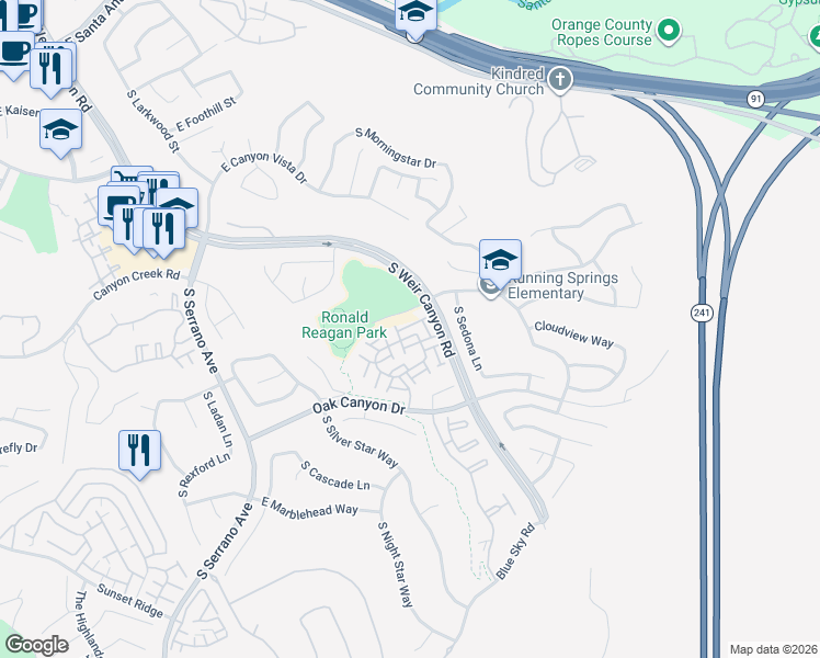 map of restaurants, bars, coffee shops, grocery stores, and more near 949 South Pagossa Way in Anaheim