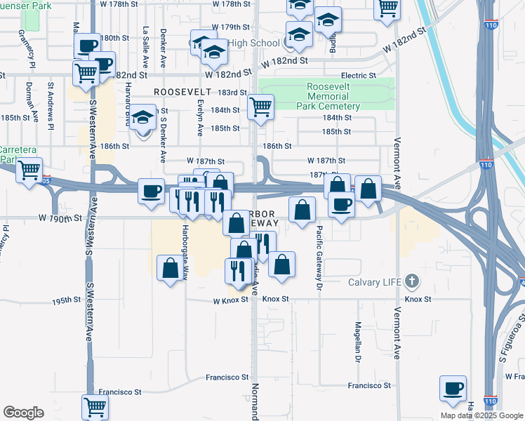 map of restaurants, bars, coffee shops, grocery stores, and more near 1225 West 190th Street in Gardena