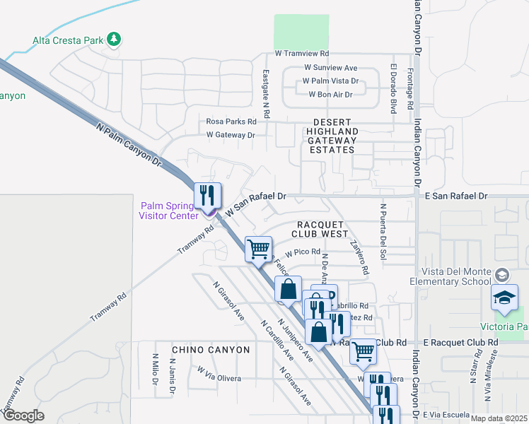 map of restaurants, bars, coffee shops, grocery stores, and more near 567 West Santa Catalina Road in Palm Springs