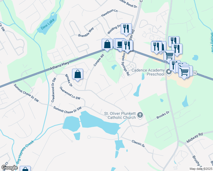 map of restaurants, bars, coffee shops, grocery stores, and more near 1255 Summit Point Lane in Snellville