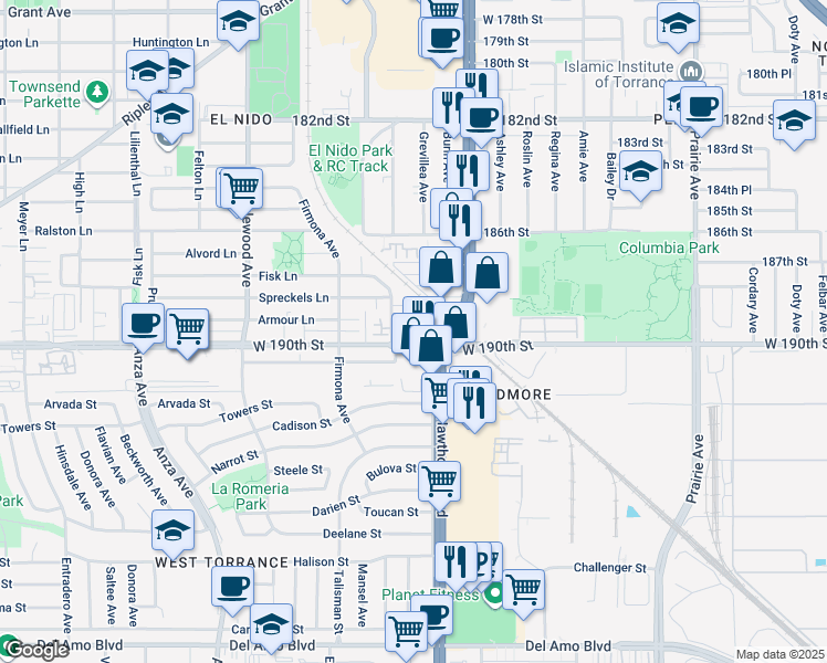 map of restaurants, bars, coffee shops, grocery stores, and more near 2929 West 190th Street in Redondo Beach