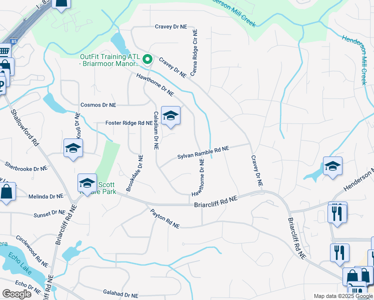 map of restaurants, bars, coffee shops, grocery stores, and more near 2867 Sylvan Ramble Road Northeast in Atlanta