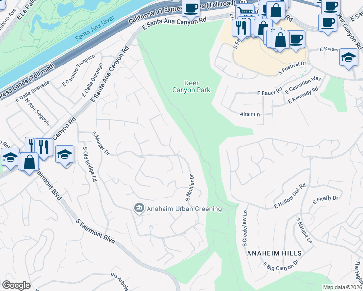 map of restaurants, bars, coffee shops, grocery stores, and more near 352 South Mohler Drive in Anaheim