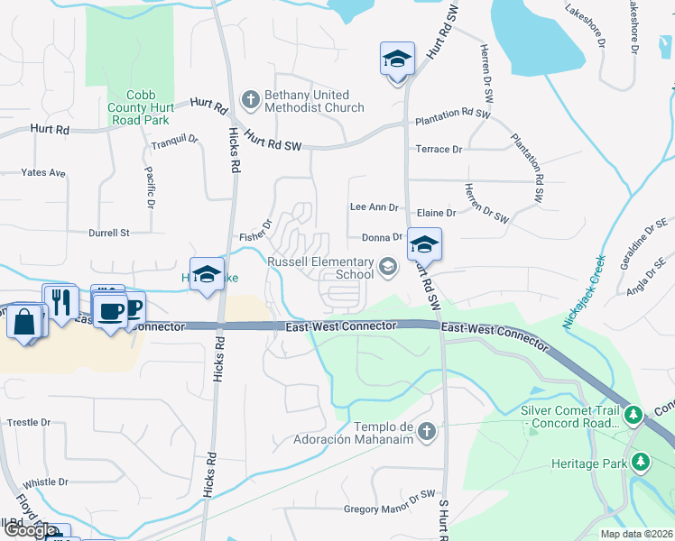 map of restaurants, bars, coffee shops, grocery stores, and more near 625 Aunt Lucy Lane in Smyrna