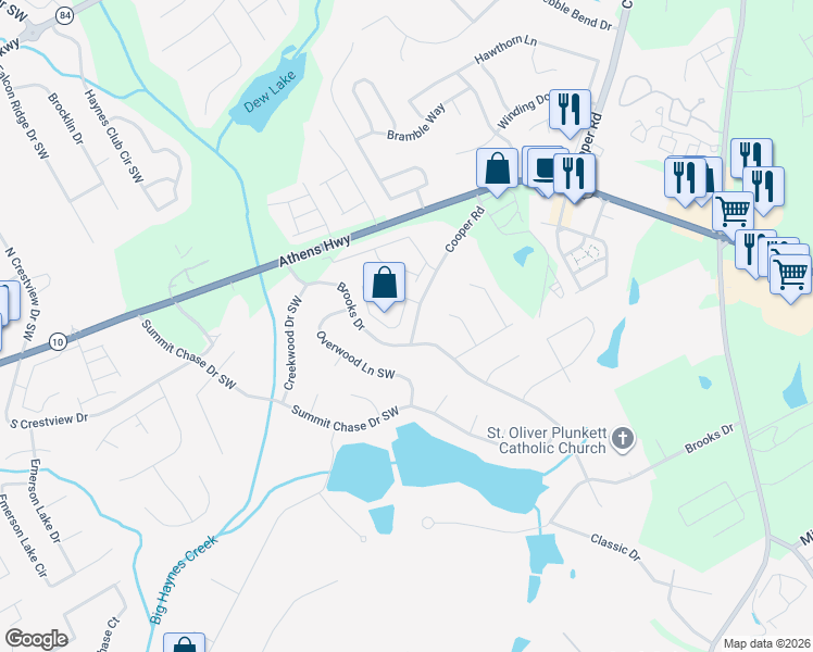 map of restaurants, bars, coffee shops, grocery stores, and more near 2944 Gayle Manor Lane Southwest in Snellville