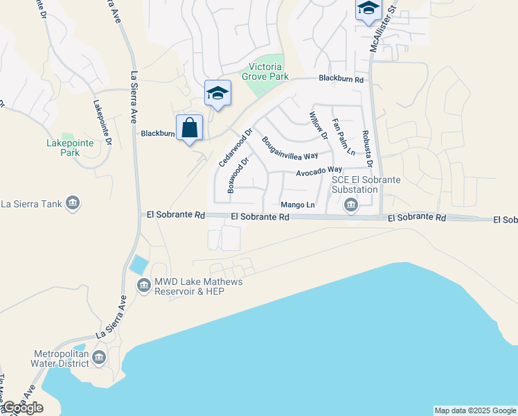 map of restaurants, bars, coffee shops, grocery stores, and more near 12437 Mimosa Lane in Riverside