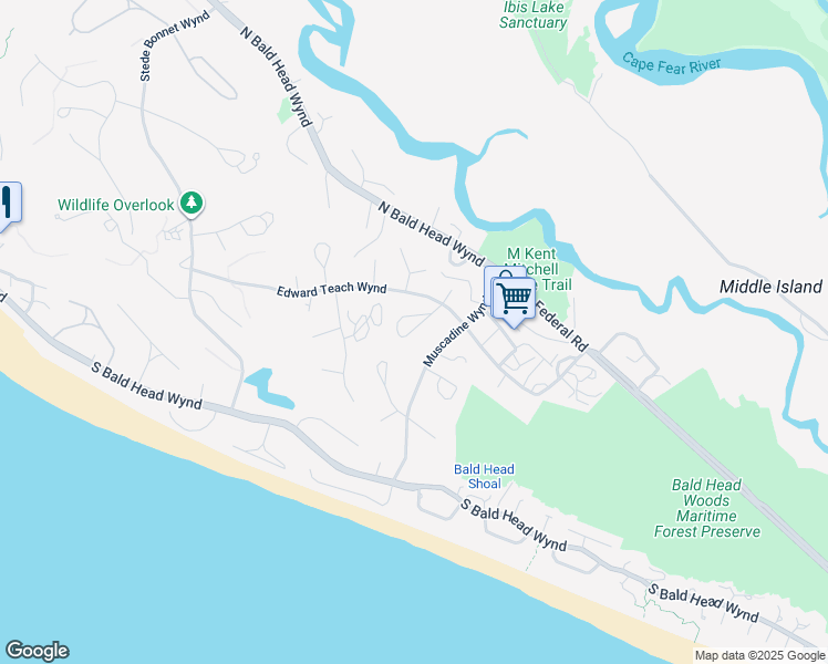 map of restaurants, bars, coffee shops, grocery stores, and more near 16 Poormans Pepper Trail in Bald Head Island