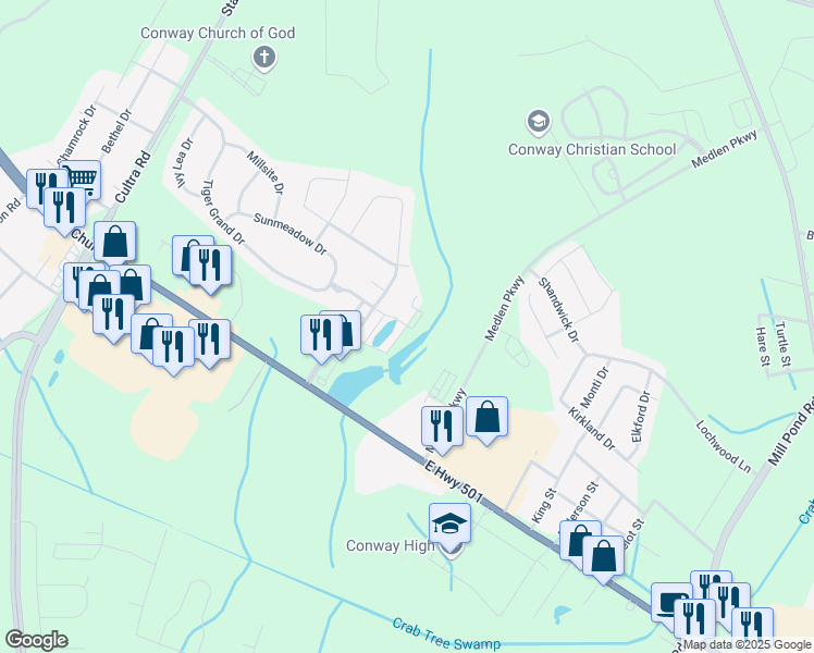 map of restaurants, bars, coffee shops, grocery stores, and more near 1616 Carsen's Ferry Drive in Conway