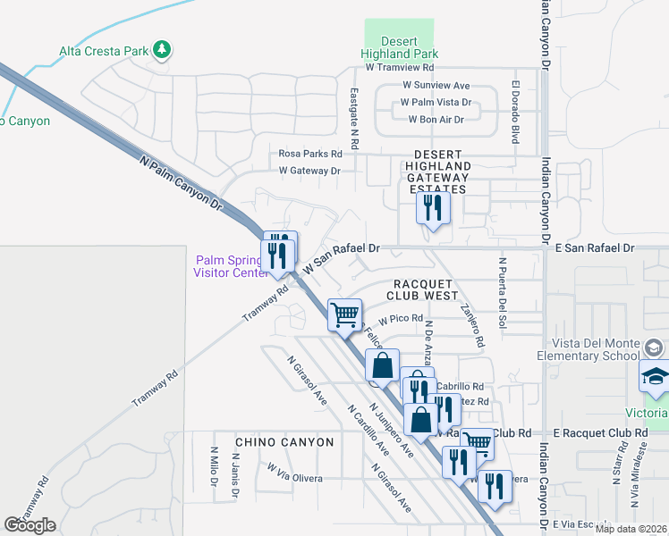 map of restaurants, bars, coffee shops, grocery stores, and more near 2860 North Los Felices Road in Palm Springs