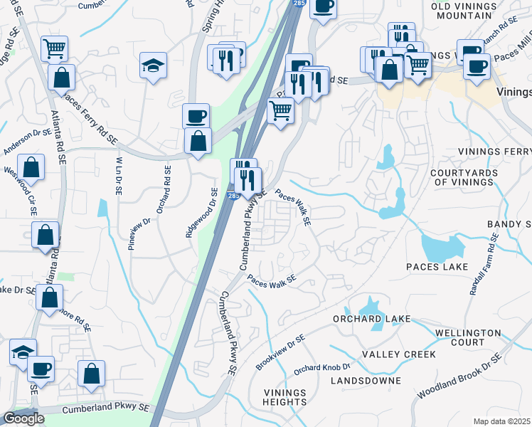 map of restaurants, bars, coffee shops, grocery stores, and more near 3963 Allegretto Circle in Atlanta