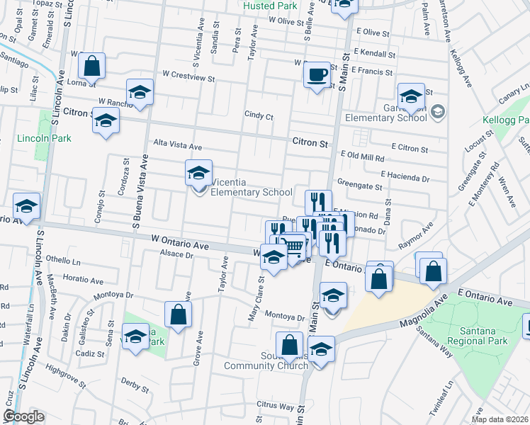 map of restaurants, bars, coffee shops, grocery stores, and more near 351 Pueblo Road in Corona
