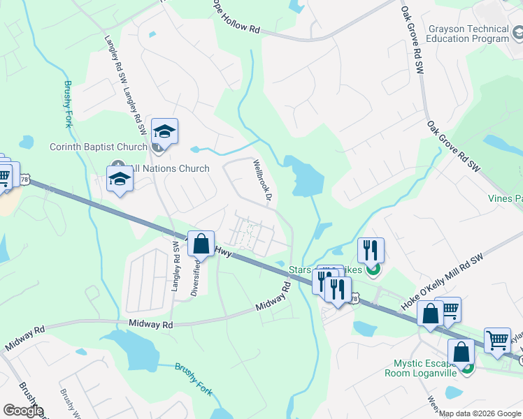 map of restaurants, bars, coffee shops, grocery stores, and more near 3405 Wellbrook Drive in Loganville
