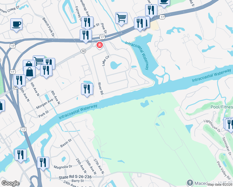 map of restaurants, bars, coffee shops, grocery stores, and more near 4621 River Road in Little River