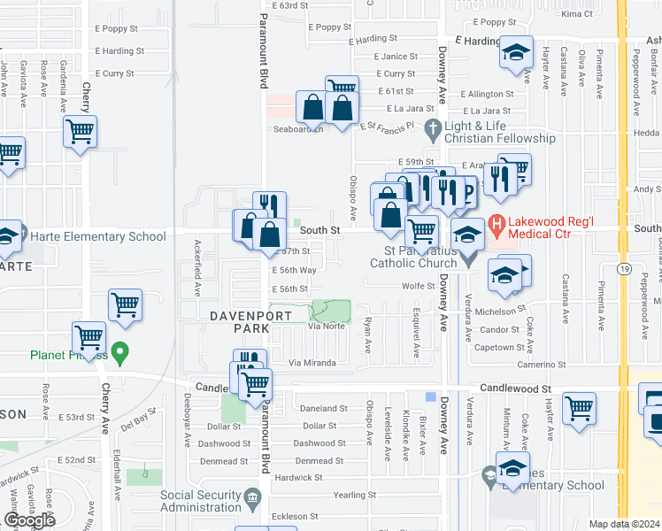 map of restaurants, bars, coffee shops, grocery stores, and more near 3004 Sage Place in Lakewood