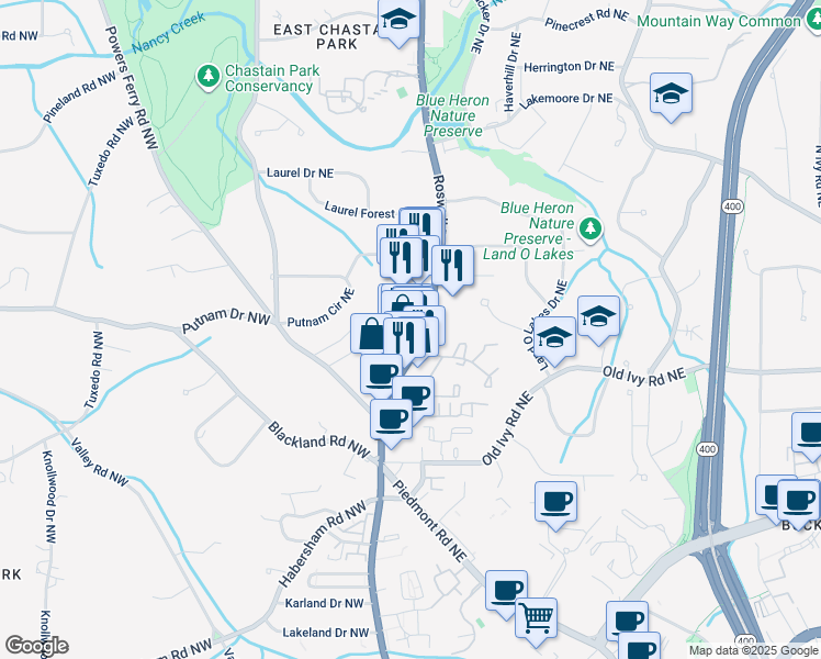 map of restaurants, bars, coffee shops, grocery stores, and more near 3830 Roswell Road Northeast in Atlanta