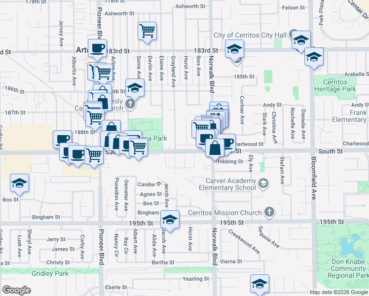 map of restaurants, bars, coffee shops, grocery stores, and more near 12056 Charlwood Street in Artesia