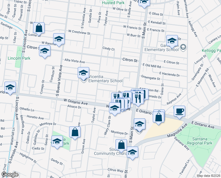 map of restaurants, bars, coffee shops, grocery stores, and more near 351 Pueblo Road in Corona