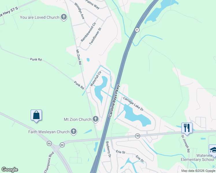 map of restaurants, bars, coffee shops, grocery stores, and more near 216 Waterfall Circle in Little River