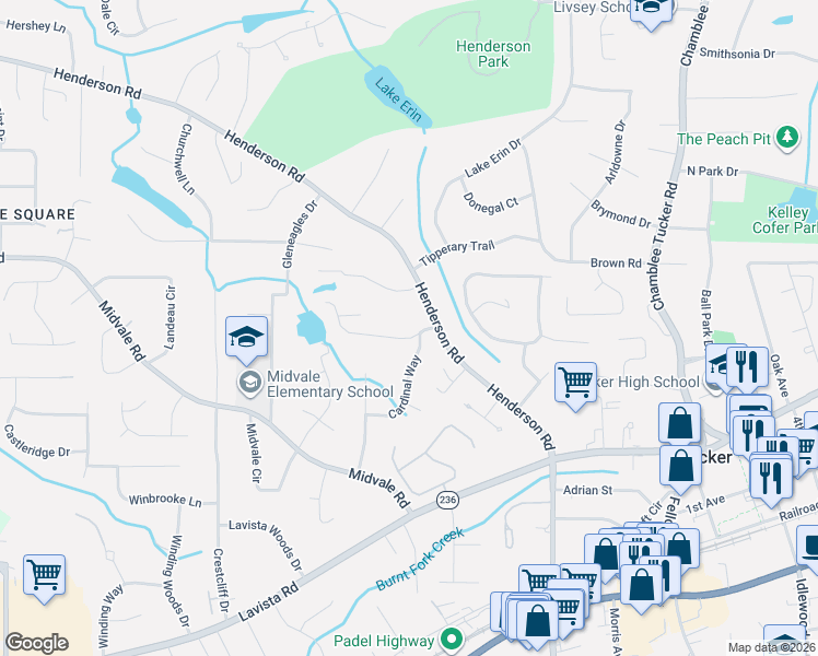 map of restaurants, bars, coffee shops, grocery stores, and more near 2991 Pine Orchard Drive in Tucker