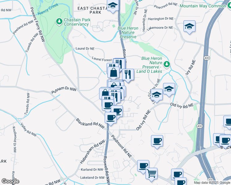 map of restaurants, bars, coffee shops, grocery stores, and more near 3830 Roswell Road Northeast in Atlanta