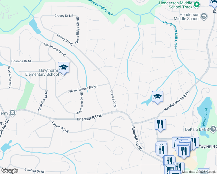 map of restaurants, bars, coffee shops, grocery stores, and more near 2995 Sylvan Ramble Road Northeast in Atlanta