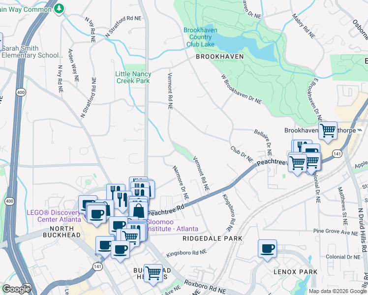 map of restaurants, bars, coffee shops, grocery stores, and more near Vermont Road Northeast in Atlanta