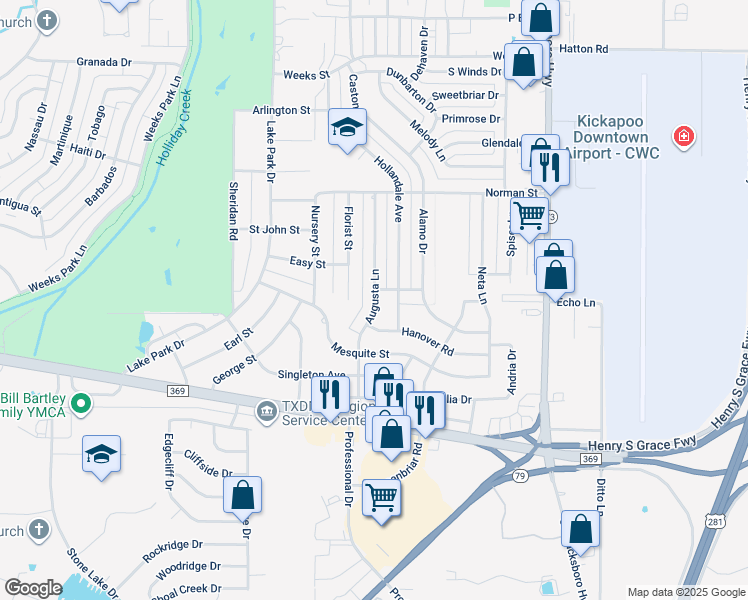 map of restaurants, bars, coffee shops, grocery stores, and more near 4744 Augusta Lane in Wichita Falls