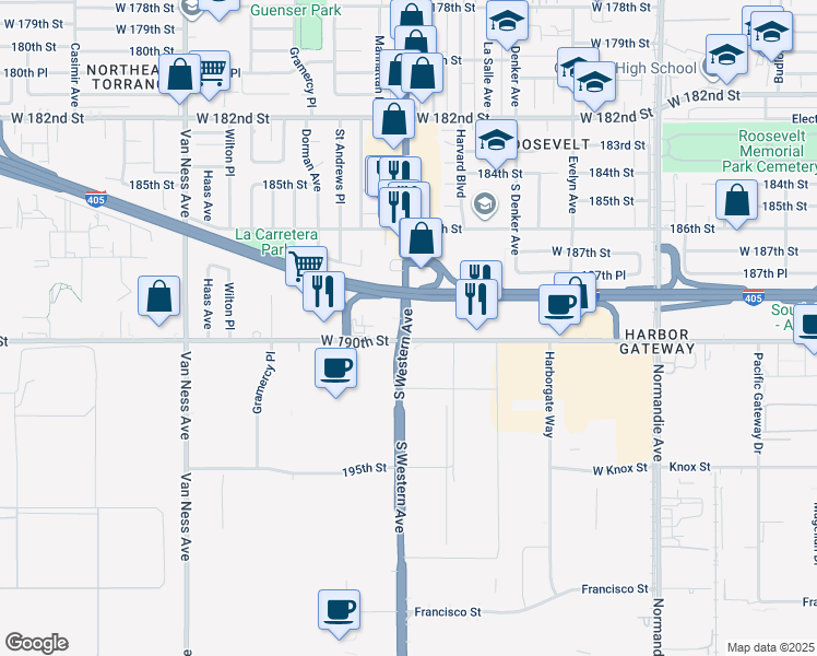 map of restaurants, bars, coffee shops, grocery stores, and more near 18998 South Western Avenue in Gardena