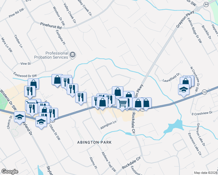 map of restaurants, bars, coffee shops, grocery stores, and more near 2537 Kings Pistol Court in Grayson