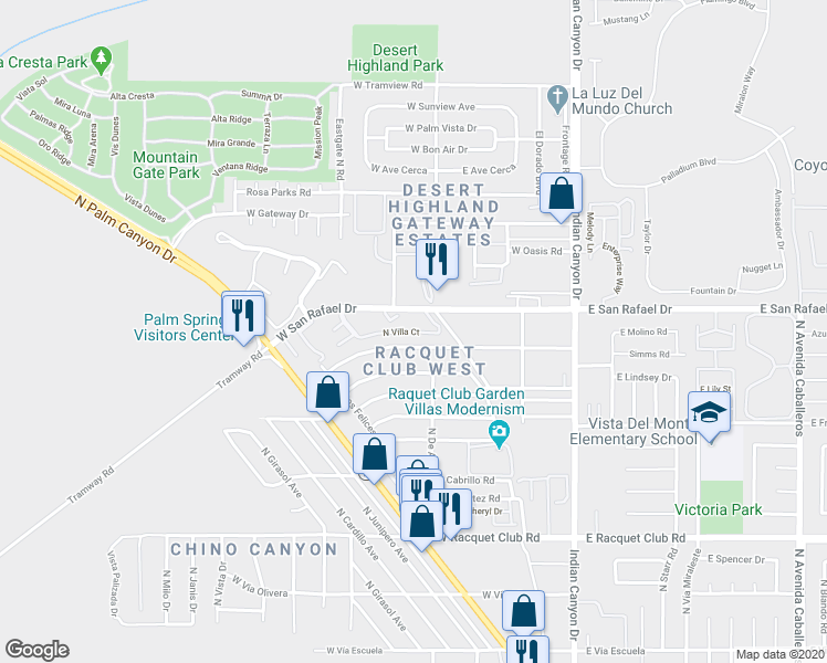 map of restaurants, bars, coffee shops, grocery stores, and more near 381-599 N Villa Ct in Palm Springs