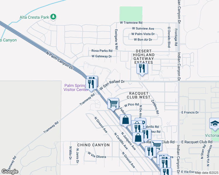map of restaurants, bars, coffee shops, grocery stores, and more near 2860 North Los Felices Road in Palm Springs