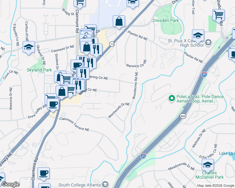 map of restaurants, bars, coffee shops, grocery stores, and more near 2054 Dering Circle Northeast in Atlanta