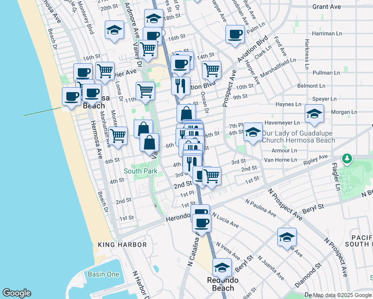map of restaurants, bars, coffee shops, grocery stores, and more near 503 California 1 in Hermosa Beach
