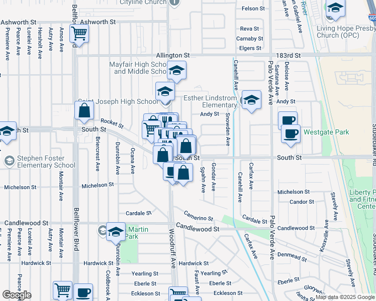 map of restaurants, bars, coffee shops, grocery stores, and more near 5939 South Street in Lakewood