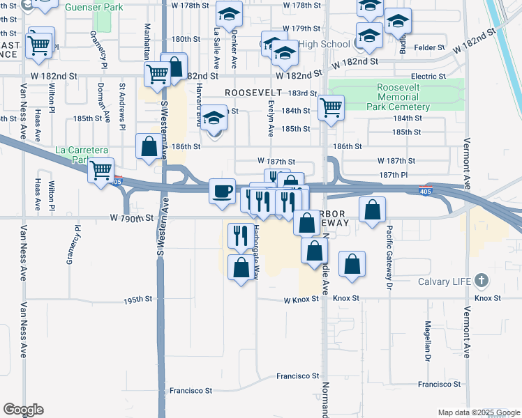 map of restaurants, bars, coffee shops, grocery stores, and more near 1411 West 190th Street in Gardena