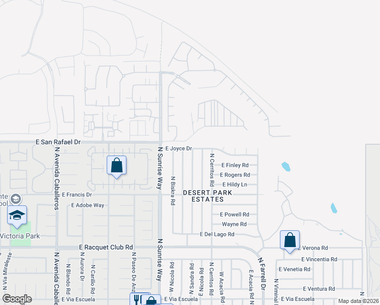 map of restaurants, bars, coffee shops, grocery stores, and more near 1840 East Joyce Drive in Palm Springs