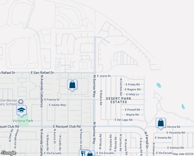 map of restaurants, bars, coffee shops, grocery stores, and more near 1700 East Joyce Drive in Palm Springs